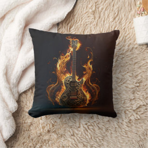 Electric guitar on fire throw pillow