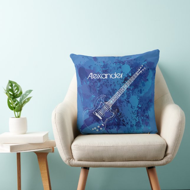 Electric Guitar Outline Blue Paint Splats Throw Pillow (Chair)