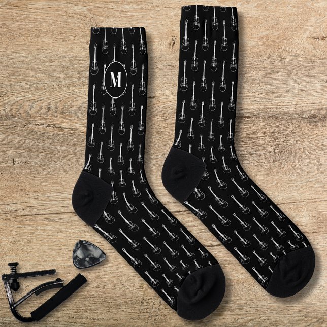 Electric Guitar Pattern Monogram Black and White Socks (Electric guitar pattern black and white monogram socks guitarists musicians guitar music teachers )