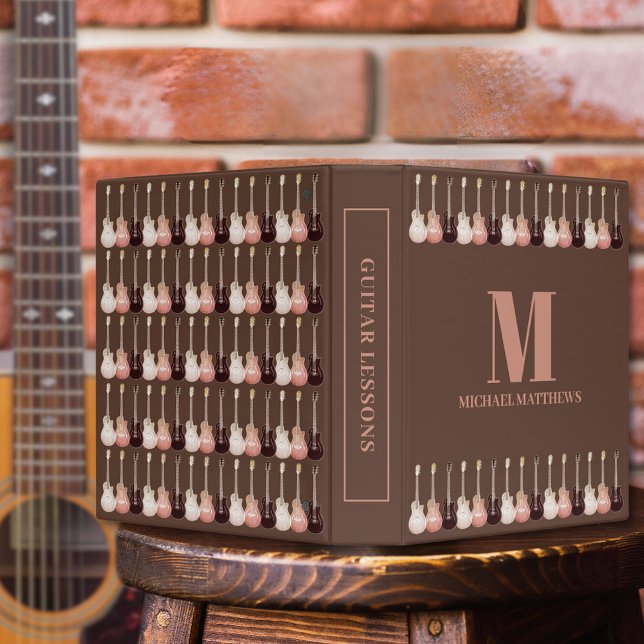 Electric Guitar Pattern Rustic Name Binder (Electric guitar pattern brown rustic monogram name binder for guitarist musician music teacher)