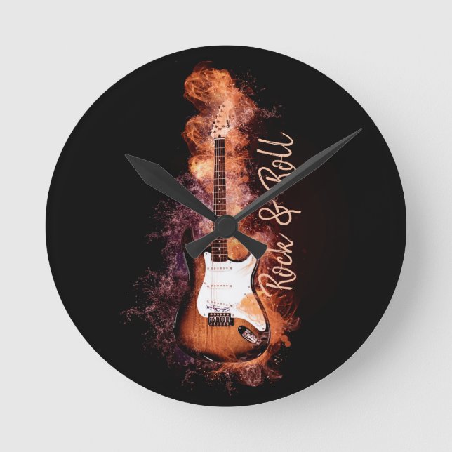 Electric Guitar Rock and Roll Flames Round Clock (Front)