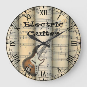 Electric Guitar ~ Rolled Vintage Sheet Music ~ Large Clock