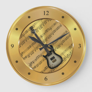 Electric Guitar ~ Sheet Music ~ Gold Background ~ Large Clock