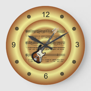 Electric Guitar~Sheet Music~Gold Background~   Large Clock