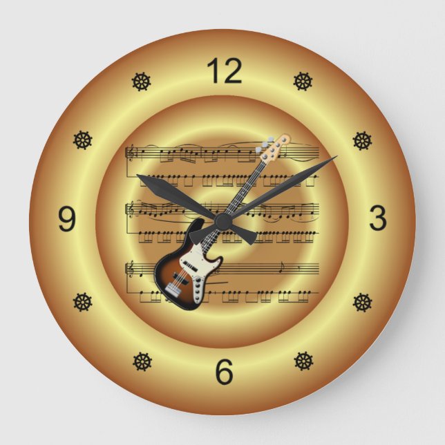 Electric Guitar~Sheet Music~Gold Background~   Large Clock (Front)