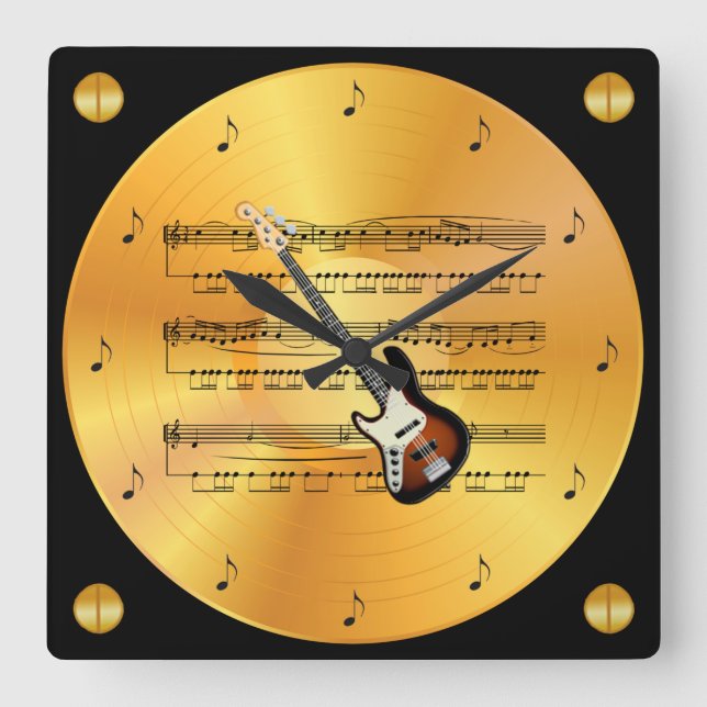 Electric Guitar ~ Sheet Music ~ Gold Record ~ Square Wall Clock (Front)