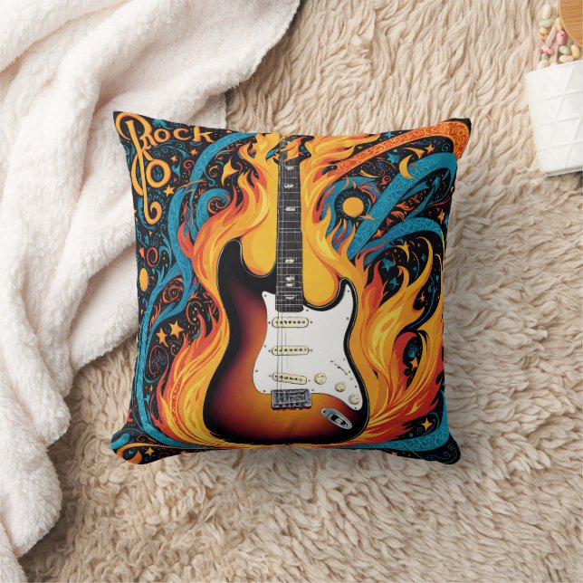 Electric guitar surrounded by vibrant flames throw pillow (Blanket)