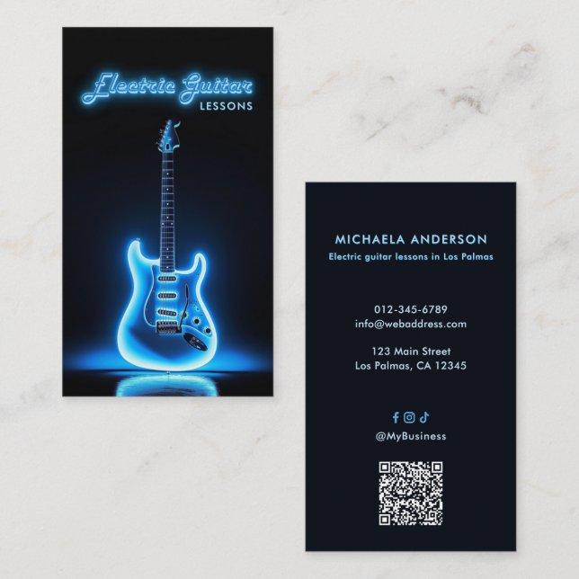 Electric Guitar Teacher QR Code & Social Media Business Card (Front/Back)