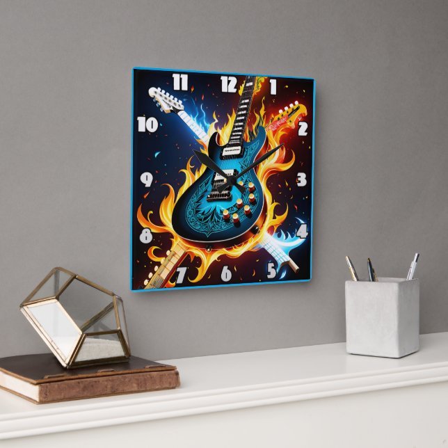 Electric guitars in a fiery musical explosion square wall clock (Office)