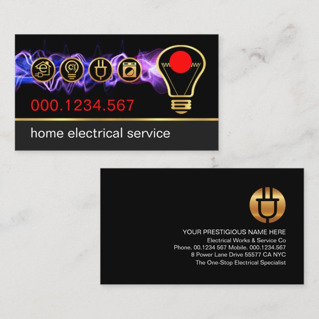 Electric Lightning Powers Up Gold Bulb Business Card (Front/Back)