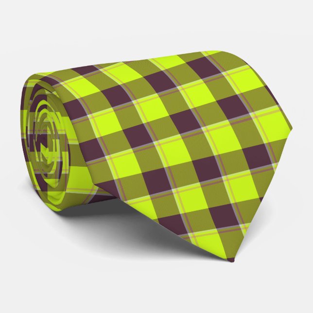 Electric Lime and Livid Brown Plaid Neck Tie (Rolled)