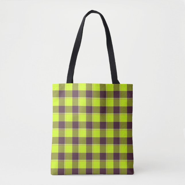 Electric Lime and Livid Brown Plaid Tote Bag (Front)