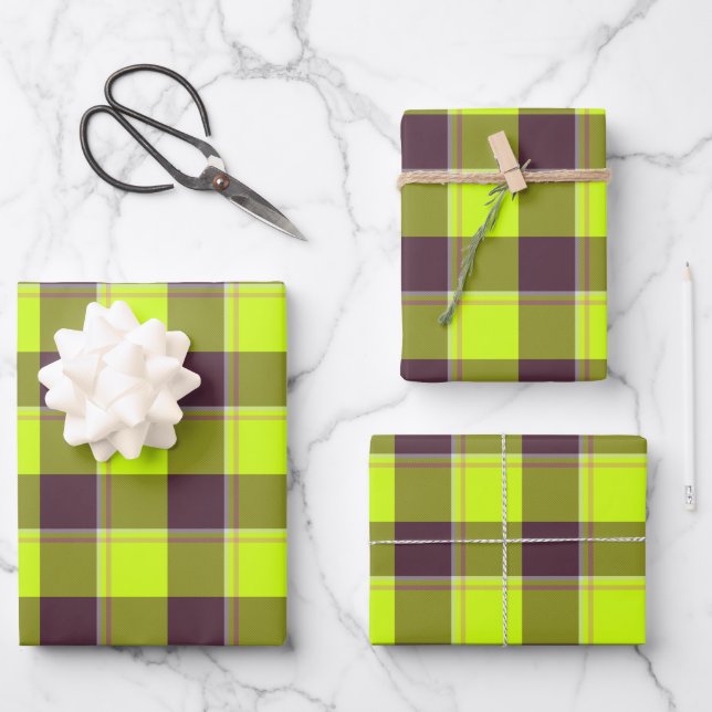 Electric Lime and Livid Brown Plaid Wrapping Paper Sheet (Front)