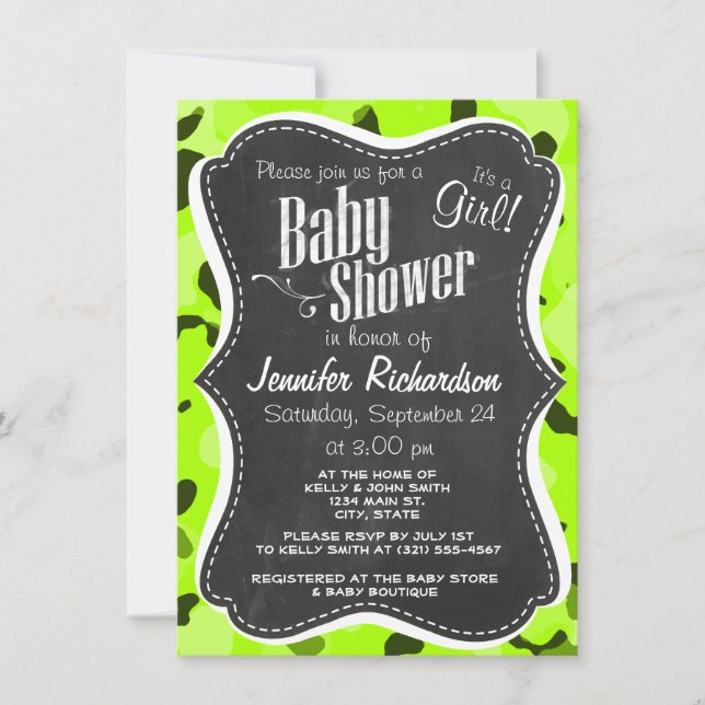 Electric Lime Camo; Camouflage; Chalk look Invitation (Front)