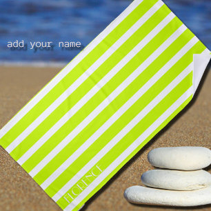 electric lime& white  cabana stripes  personalized beach towel