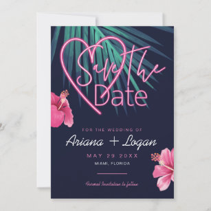 Electric Love Neon Pink Floral & Tropical Retro Save The Date
