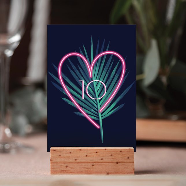 Electric Love Neon Pink Heart & Tropical Palm Leaf Table Number (Creator Uploaded)