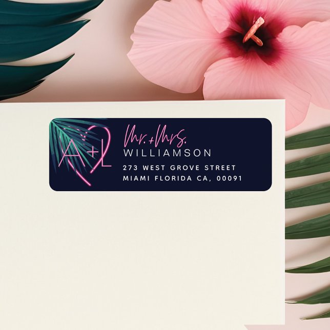 Electric Love Neon Pink Tropical Leaf & monogram (Electric Love Neon Pink Tropical Leaf & monogram Label)