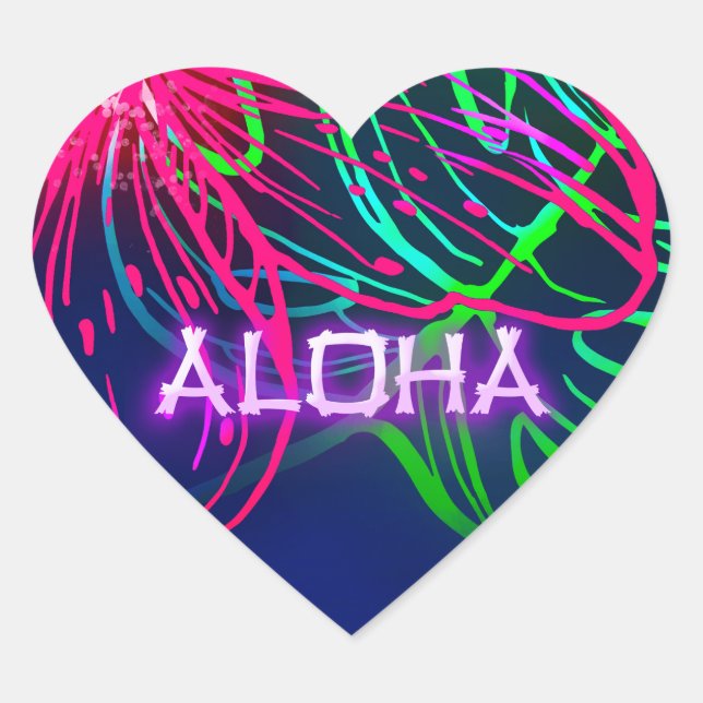 Electric Luau Tropical Night Neon Aloha Party Heart Sticker (Front)