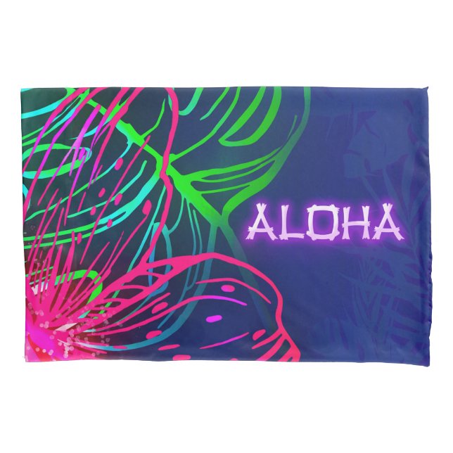 Electric Luau Tropical Night Neon Aloha Pillowcase (Front)