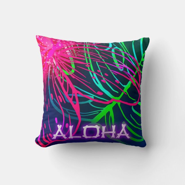 Electric Luau Tropical Night Neon Aloha Throw Pillow (Front)