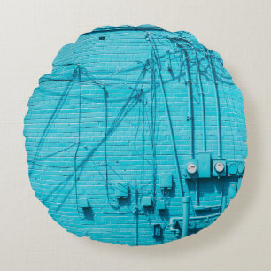 ELECTRIC METER ON BLUE BRICK WALL ROUND PILLOW