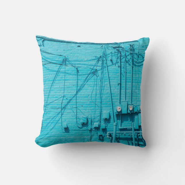ELECTRIC METER ON BLUE BRICK WALL THROW PILLOW (Front)