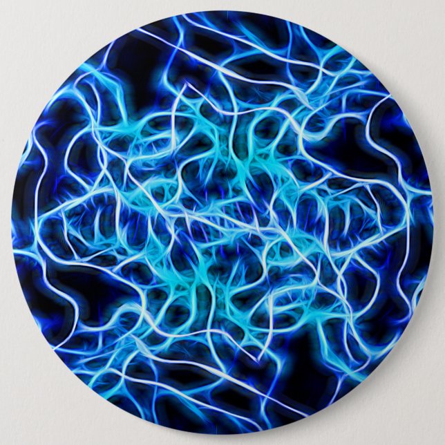 Electric Neon Blue Tesla Coil Lightning 6 Inch Round Button (Front)