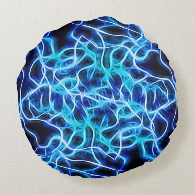 Electric Neon Blue Tesla Coil Lightning Round Pillow (Back)