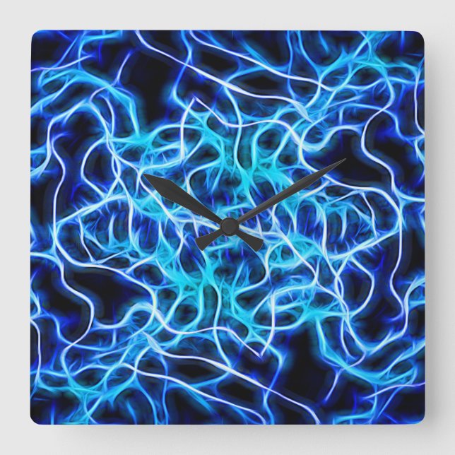 Electric Neon Blue Tesla Coil Lightning Square Wall Clock (Front)