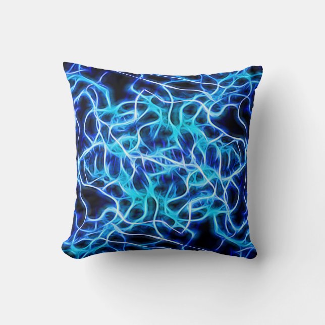 Electric Neon Blue Tesla Coil Lightning Throw Pillow (Front)