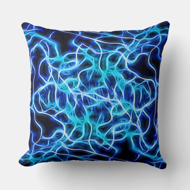 Electric Neon Blue Tesla Coil Lightning Throw Pillow (Front)