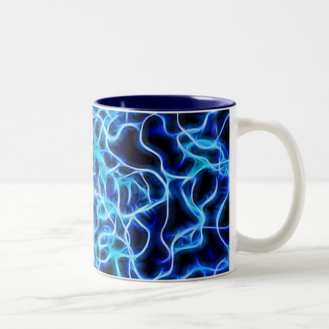 Electric Neon Blue Tesla Coil Lightning Two-Tone Coffee Mug (Right)