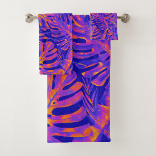 Electric Orange Blue Tropical Palm Leaves Island Bath Towel Set