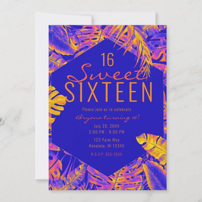 Electric Orange Blue Tropical Palm Leaves Sweet 16 Invitation (Front)