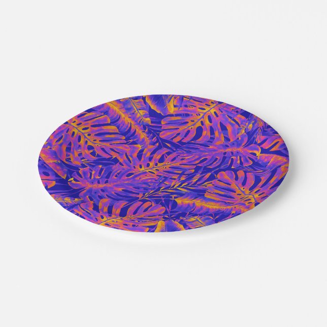Electric Orange Blue Tropical Palm Leaves Wedding Paper Plate (Angled)