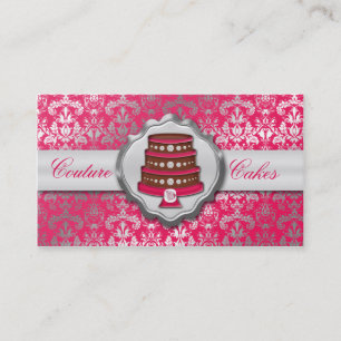 Electric Pink Cake Couture Glitzy Damask Bakery Business Card