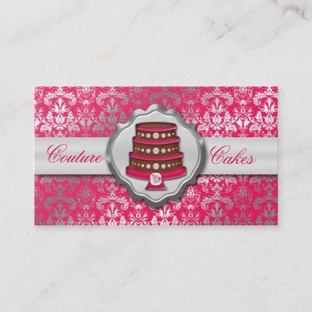 Electric Pink Cake Couture Glitzy Damask Bakery Business Card (Front)