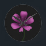 Electric Purple Glossy Bloom Moody Dark Botanical  Round Clock<br><div class="desc">Illuminate your style with this electric purple glossy bloom. Featuring a vibrant magenta palette and high-shine digital finish, this floral illustration stands out with sharp, clean lines and a moody black background. Perfect for fans of modern botanical art, vaporwave aesthetics, and dark garden decor. This striking violet blossom is designed...</div>