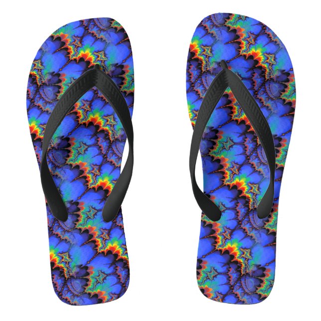 Electric Rainbow Waves Fractal Art Pattern Flip Flops (Footbed)