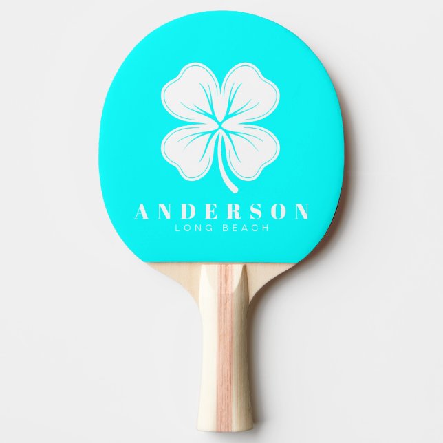 Electric Retro Cyan Four Leaf Clover with Name Ping Pong Paddle (Front)