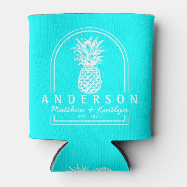 Electric Retro Cyan Pineapple Wedding Arch & Name Can Cooler (Front)