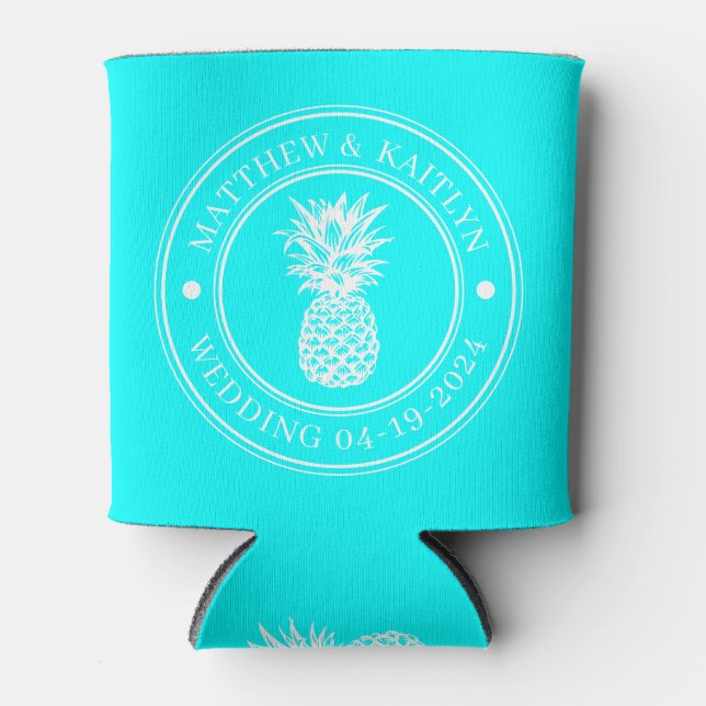 Electric Retro Cyan Pineapple Wedding Crest & Name Can Cooler (Front)