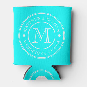 Electric Retro Cyan Wedding Monogram Can Cooler