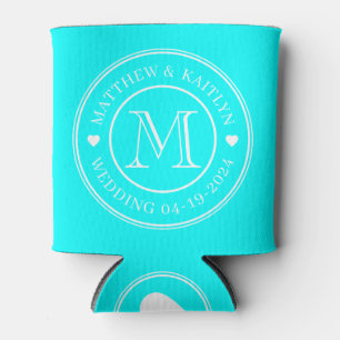 Electric Retro Cyan Wedding Monogram Heart Can Cooler