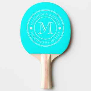 Electric Retro Cyan Wedding Monogram Heart Ping Pong Paddle