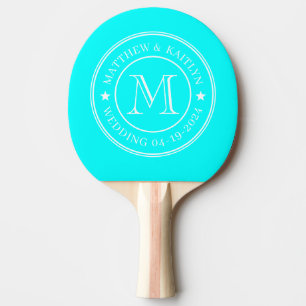 Electric Retro Cyan Wedding Monogram Star Ping Pong Paddle