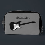 Electric rock guitar logo custom toiletry bag<br><div class="desc">Electric rock guitar logo custom toiletry bag for guitarist or music lover. Cool pesonalized name bathroom accessory. Fun item for guitar player, music teacher, music school teacher, musician, artist, performer, student, shop owner etc. Elegant script typography template. Modern instrument design with name. Black and white or custom colours. Great present...</div>