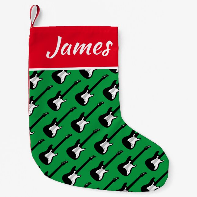 Electric rock guitar pattern custom name small christmas stocking (Front)