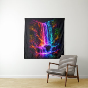 Electric Spectrum Waterfall with Luminous Trees Tapestry